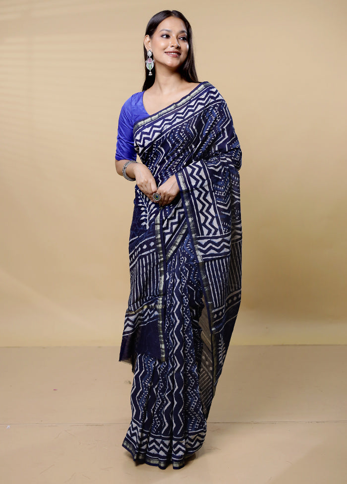 Blue Chanderi Cotton Saree With Blouse Piece