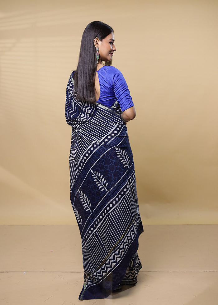 Blue Chanderi Cotton Saree With Blouse Piece