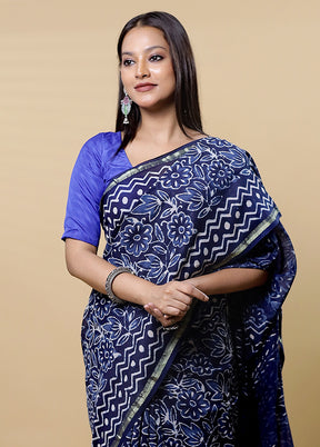 Blue Chanderi Cotton Saree With Blouse Piece