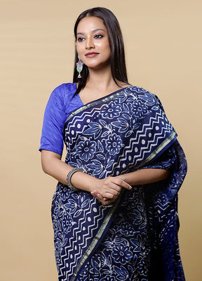 Blue Chanderi Cotton Saree With Blouse Piece