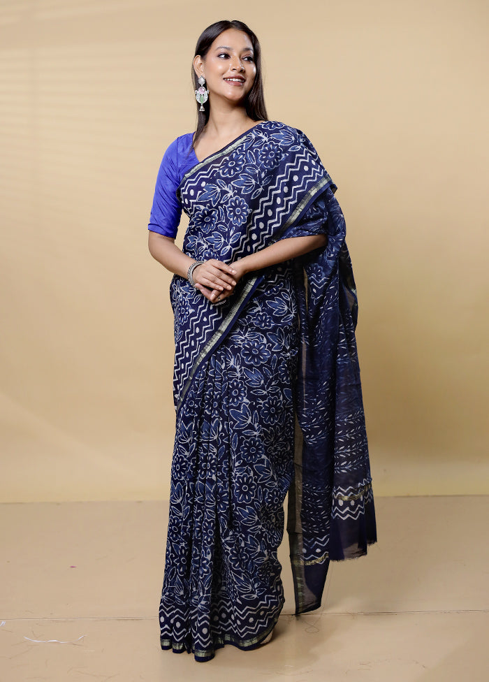 Blue Chanderi Cotton Saree With Blouse Piece