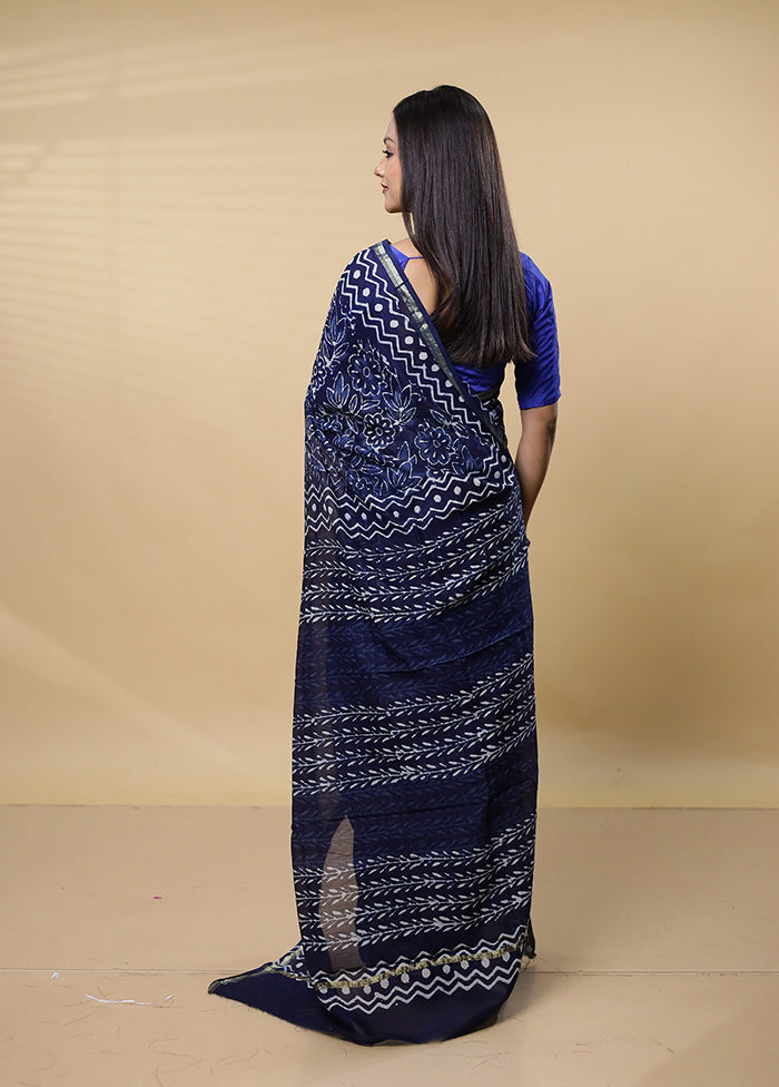 Blue Chanderi Cotton Saree With Blouse Piece