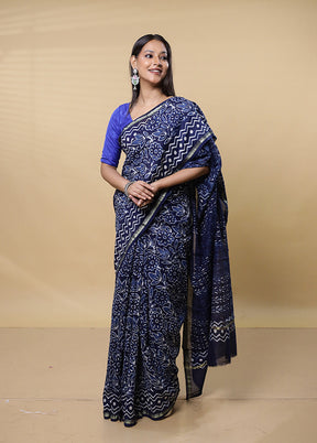 Blue Chanderi Cotton Saree With Blouse Piece