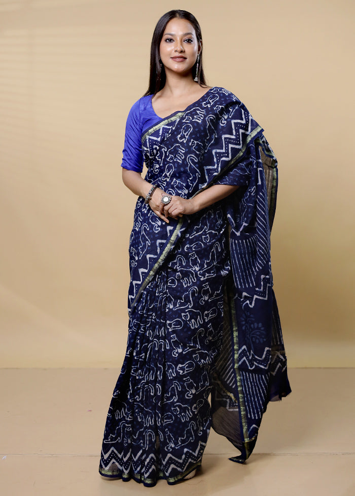 Blue Chanderi Cotton Saree With Blouse Piece