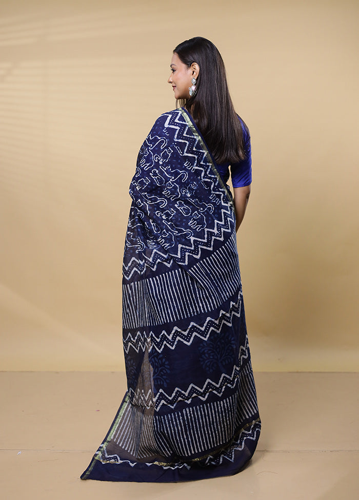 Blue Chanderi Cotton Saree With Blouse Piece