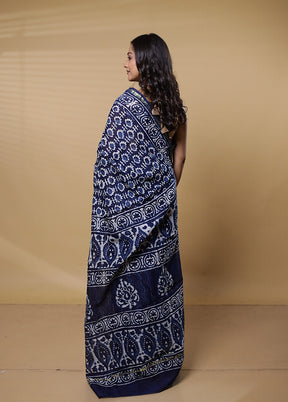 Blue Chanderi Cotton Saree With Blouse Piece