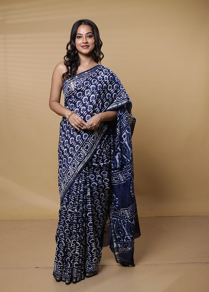 Blue Chanderi Cotton Saree With Blouse Piece