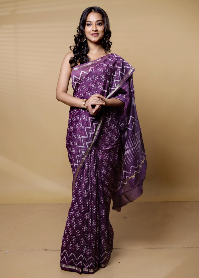 Purple Chanderi Cotton Saree With Blouse Piece