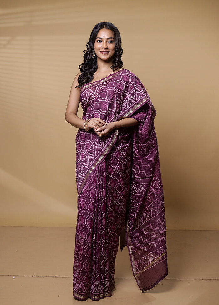 Purple Chanderi Cotton Saree With Blouse Piece