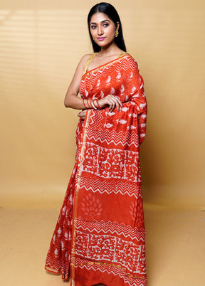 Red Chanderi Cotton Saree With Blouse Piece