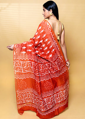 Red Chanderi Cotton Saree With Blouse Piece