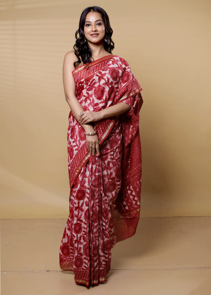 Red Chanderi Cotton Saree With Blouse Piece