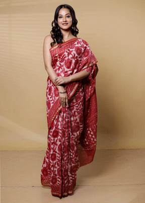 Red Chanderi Cotton Saree With Blouse Piece