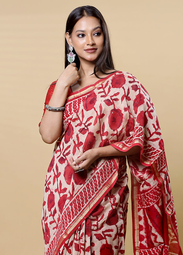 Red Chanderi Cotton Saree With Blouse Piece