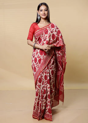 Red Chanderi Cotton Saree With Blouse Piece