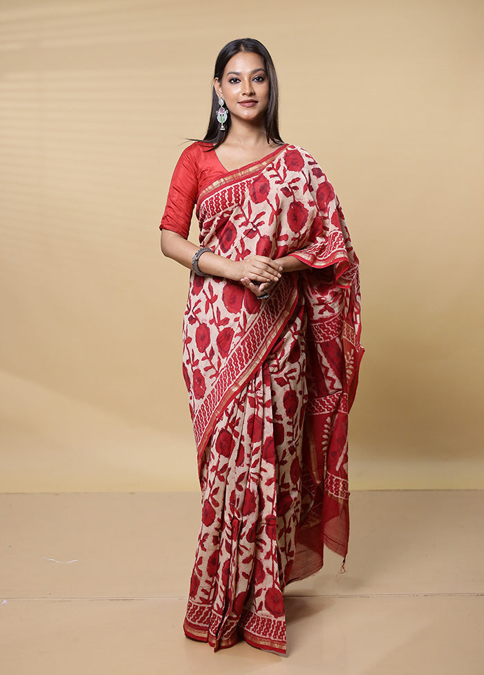 Red Chanderi Cotton Saree With Blouse Piece