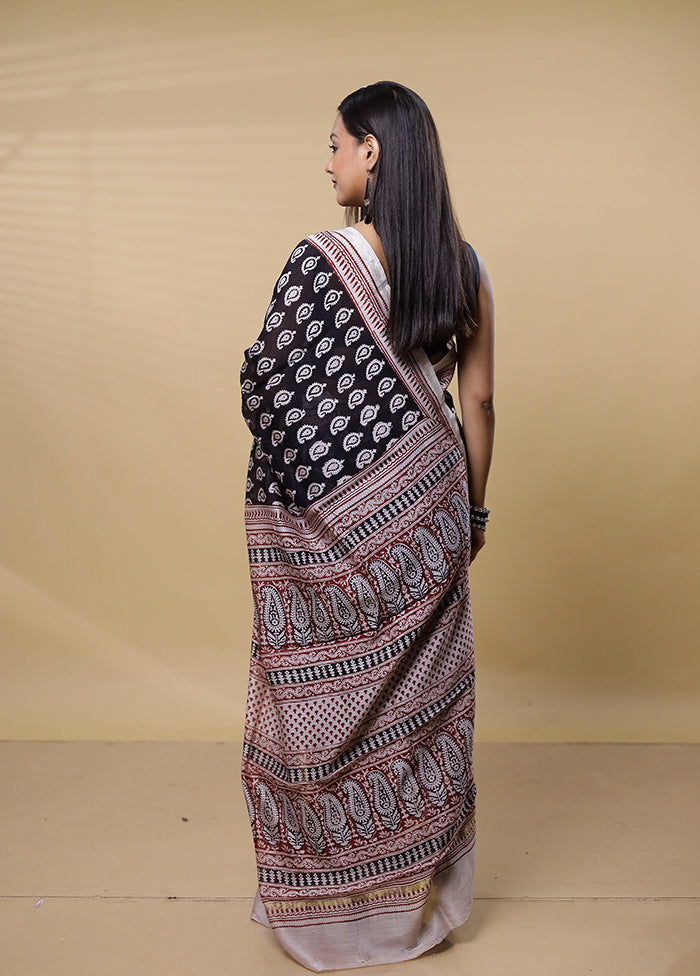 Black Chanderi Cotton Saree With Blouse Piece