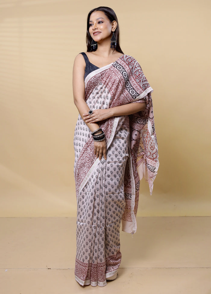 Cream Chanderi Cotton Saree With Blouse Piece