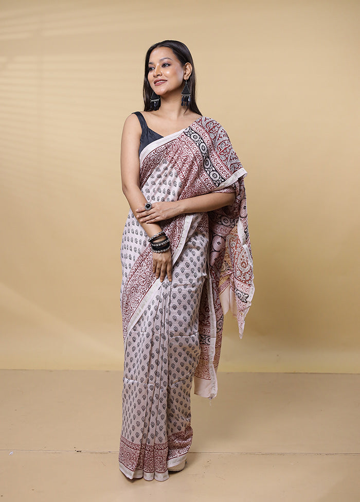 Cream Chanderi Cotton Saree With Blouse Piece