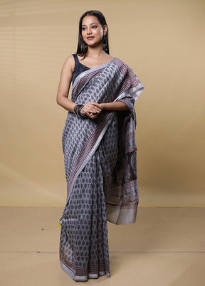 Grey Chanderi Cotton Saree With Blouse Piece