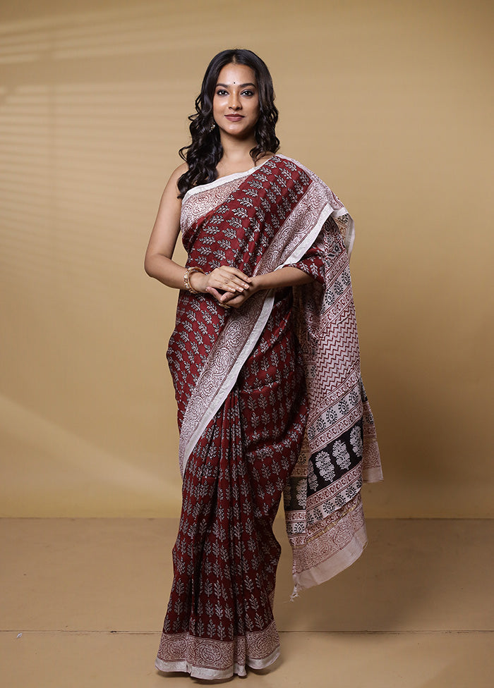 Maroon Chanderi Cotton Saree With Blouse Piece