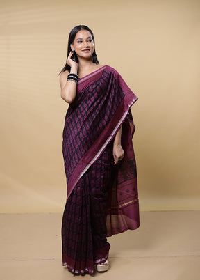 Purple Chanderi Cotton Saree With Blouse Piece