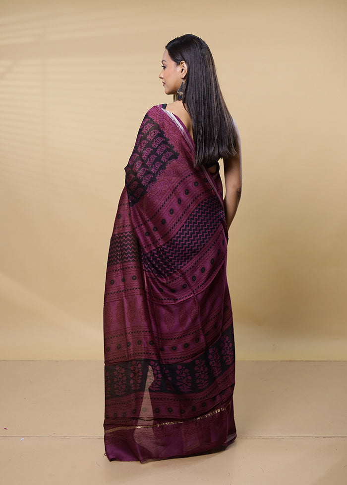 Purple Chanderi Cotton Saree With Blouse Piece