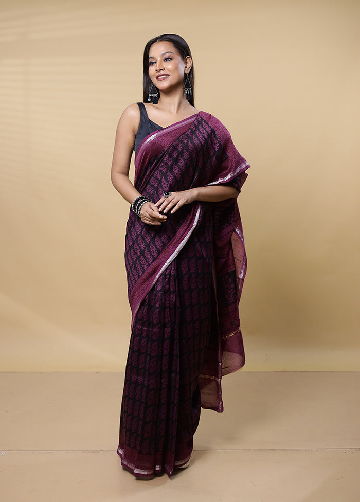 Purple Chanderi Cotton Saree With Blouse Piece