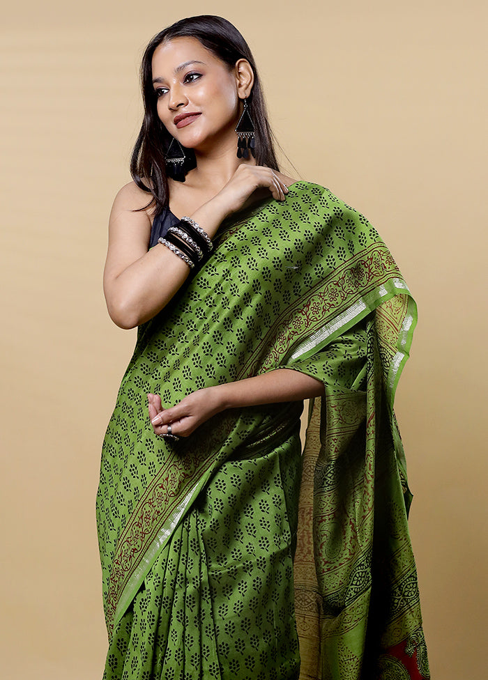 Green Chanderi Cotton Saree With Blouse Piece