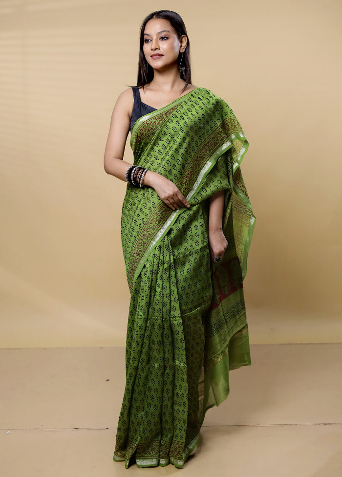 Green Chanderi Cotton Saree With Blouse Piece