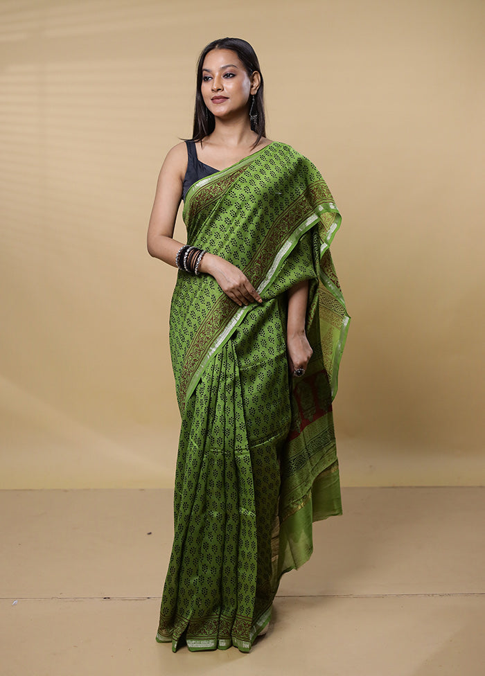 Green Chanderi Cotton Saree With Blouse Piece