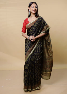 Green Chanderi Cotton Saree With Blouse Piece