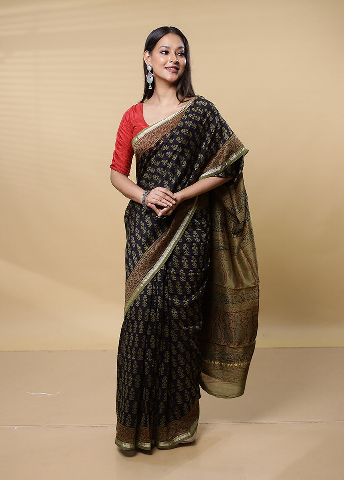 Green Chanderi Cotton Saree With Blouse Piece