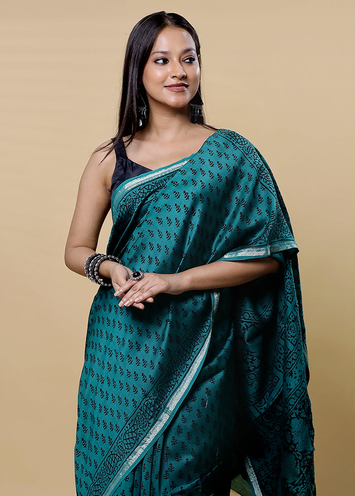 Green Chanderi Cotton Saree With Blouse Piece