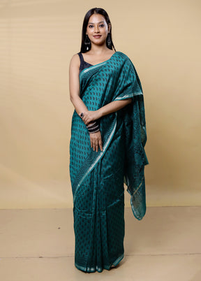 Green Chanderi Cotton Saree With Blouse Piece