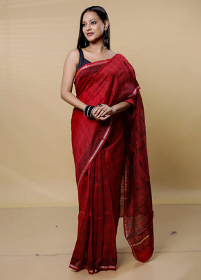 Maroon Chanderi Cotton Saree With Blouse Piece