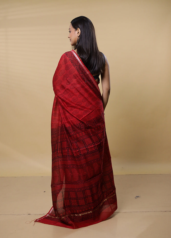 Maroon Chanderi Cotton Saree With Blouse Piece