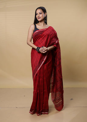 Maroon Chanderi Cotton Saree With Blouse Piece