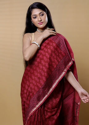 Maroon Chanderi Cotton Saree With Blouse Piece