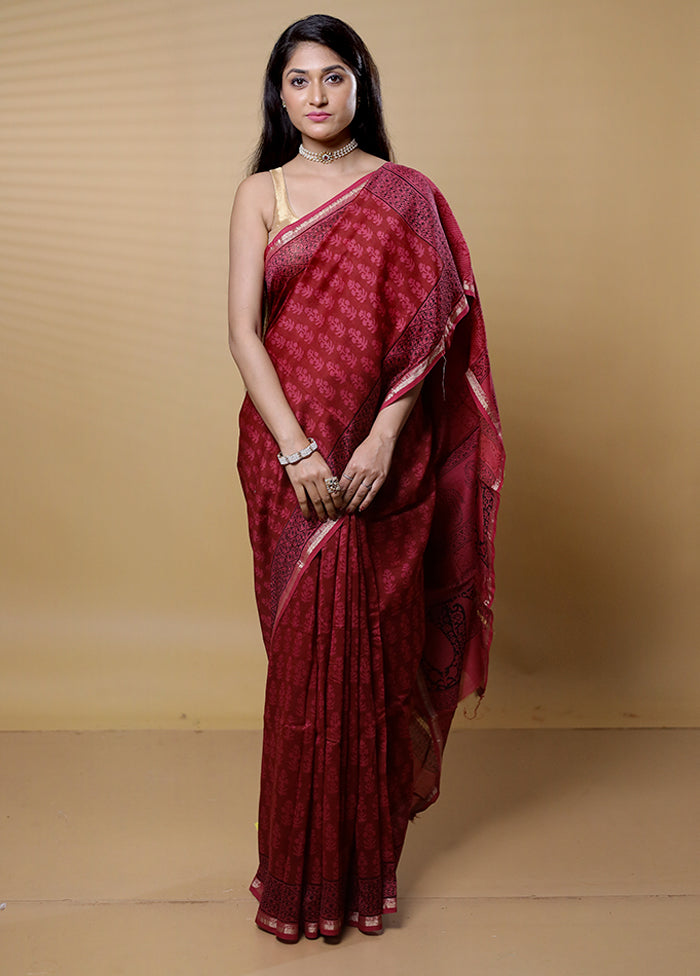 Maroon Chanderi Cotton Saree With Blouse Piece