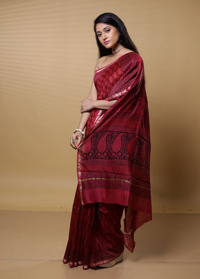 Maroon Chanderi Cotton Saree With Blouse Piece