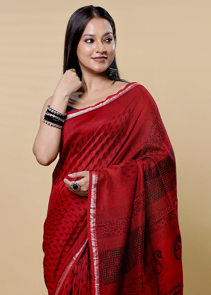 Maroon Chanderi Cotton Saree With Blouse Piece