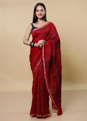 Maroon Chanderi Cotton Saree With Blouse Piece