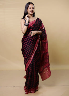 Black Chanderi Cotton Saree With Blouse Piece