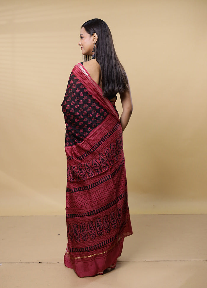 Black Chanderi Cotton Saree With Blouse Piece