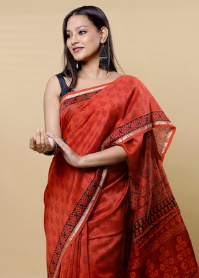 Rust Chanderi Cotton Saree With Blouse Piece