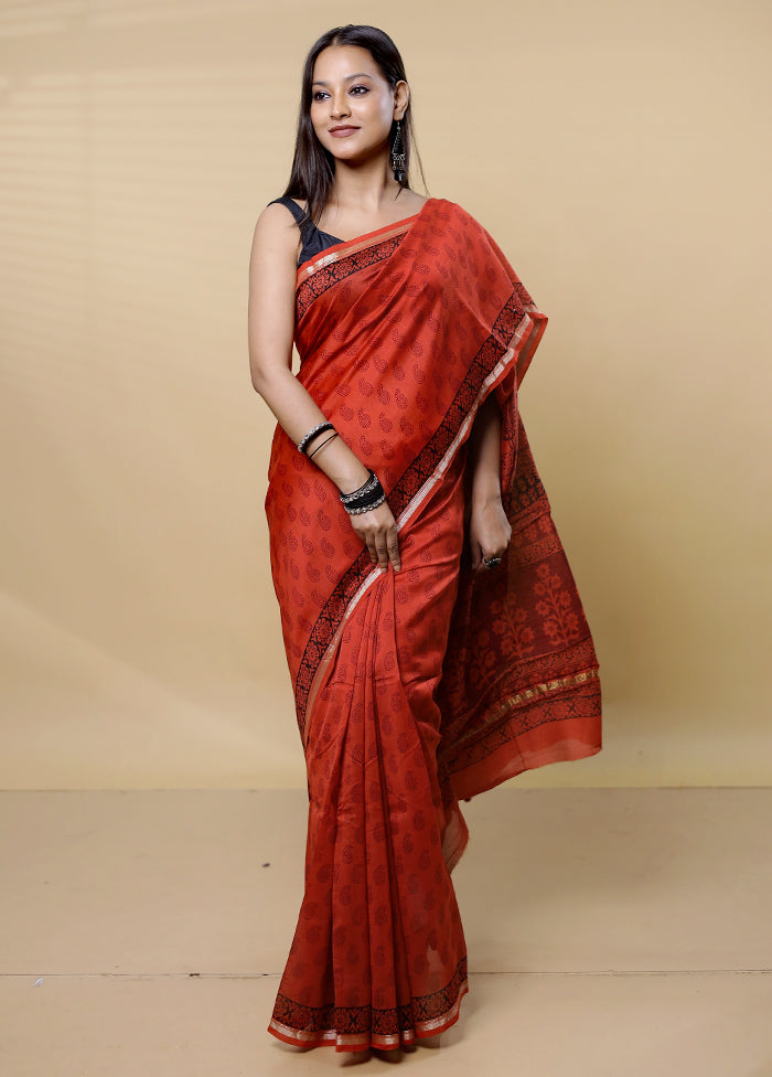 Rust Chanderi Cotton Saree With Blouse Piece