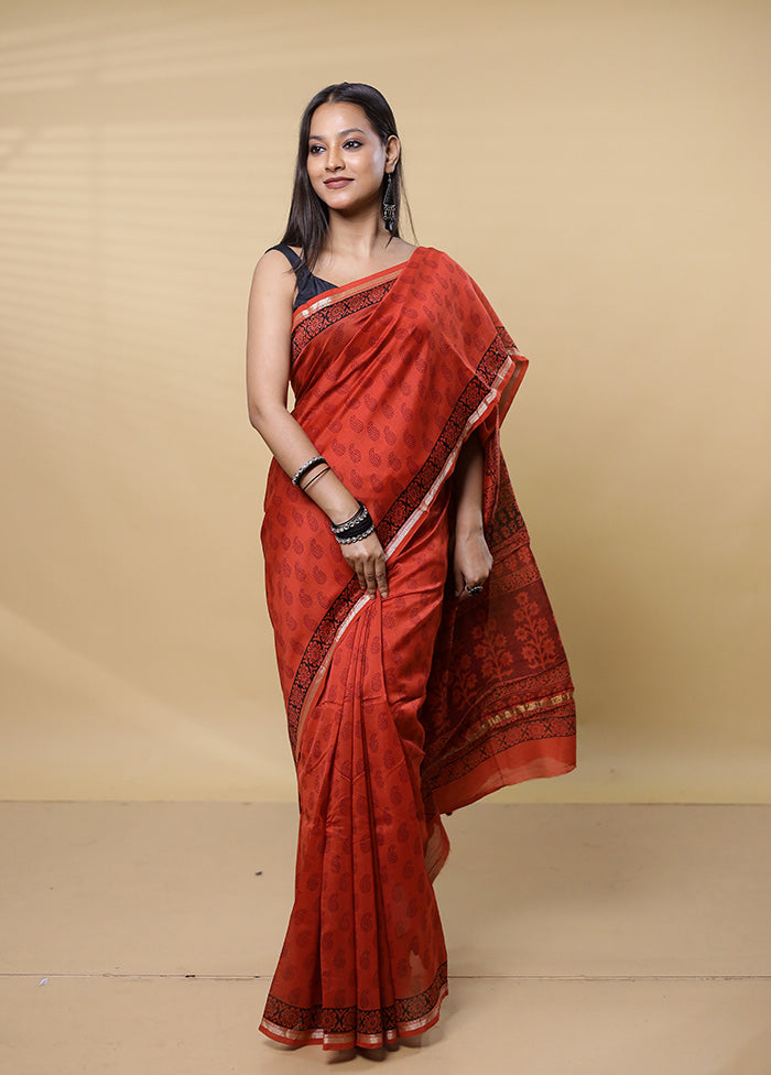 Rust Chanderi Cotton Saree With Blouse Piece