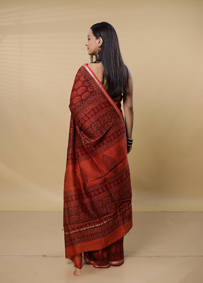 Rust Chanderi Cotton Saree With Blouse Piece