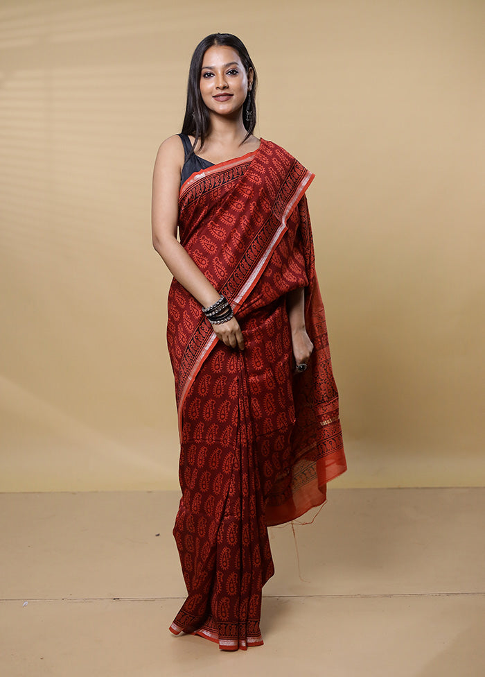 Rust Chanderi Cotton Saree With Blouse Piece